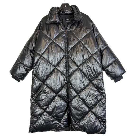 Zara Womens XS-S Oversized Quilted Shiny Black Puffer Jacket Polyester - Picture 1 of 11